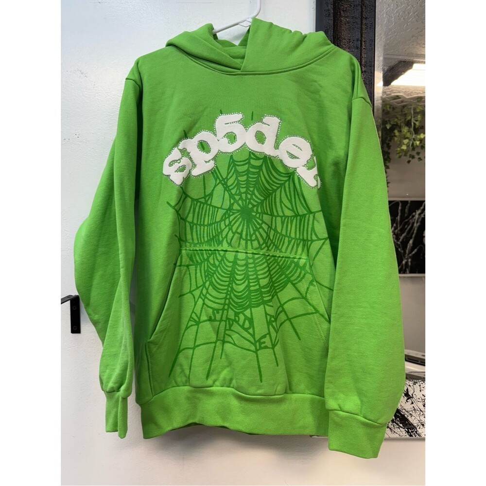 Sp5der Faded Green rhinestone Crewneck Hoodie with white logo NWOT SZ small